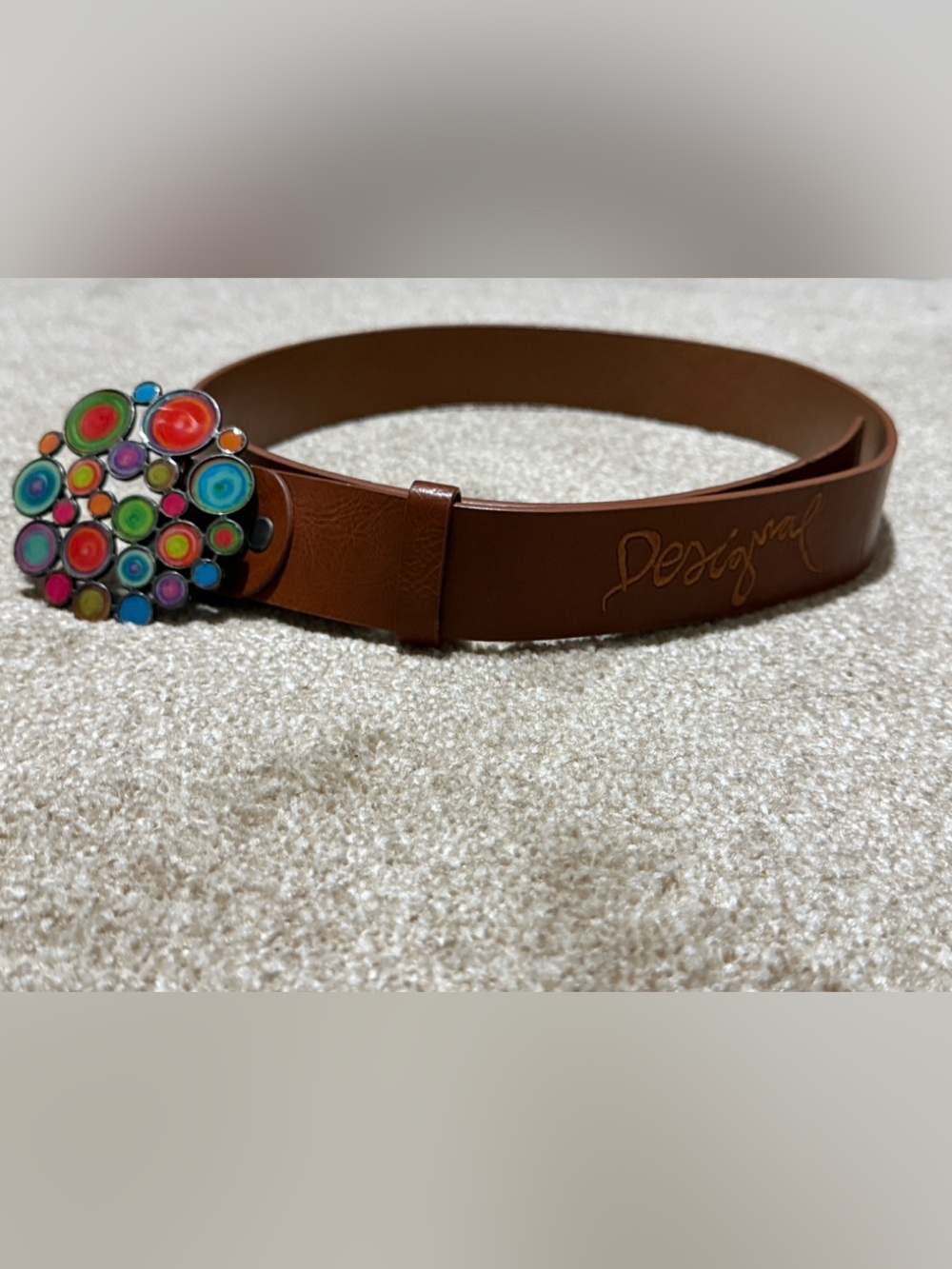 Desigual Brown Leather Belt Multicolor Beaded Statement Buckle Boho OS